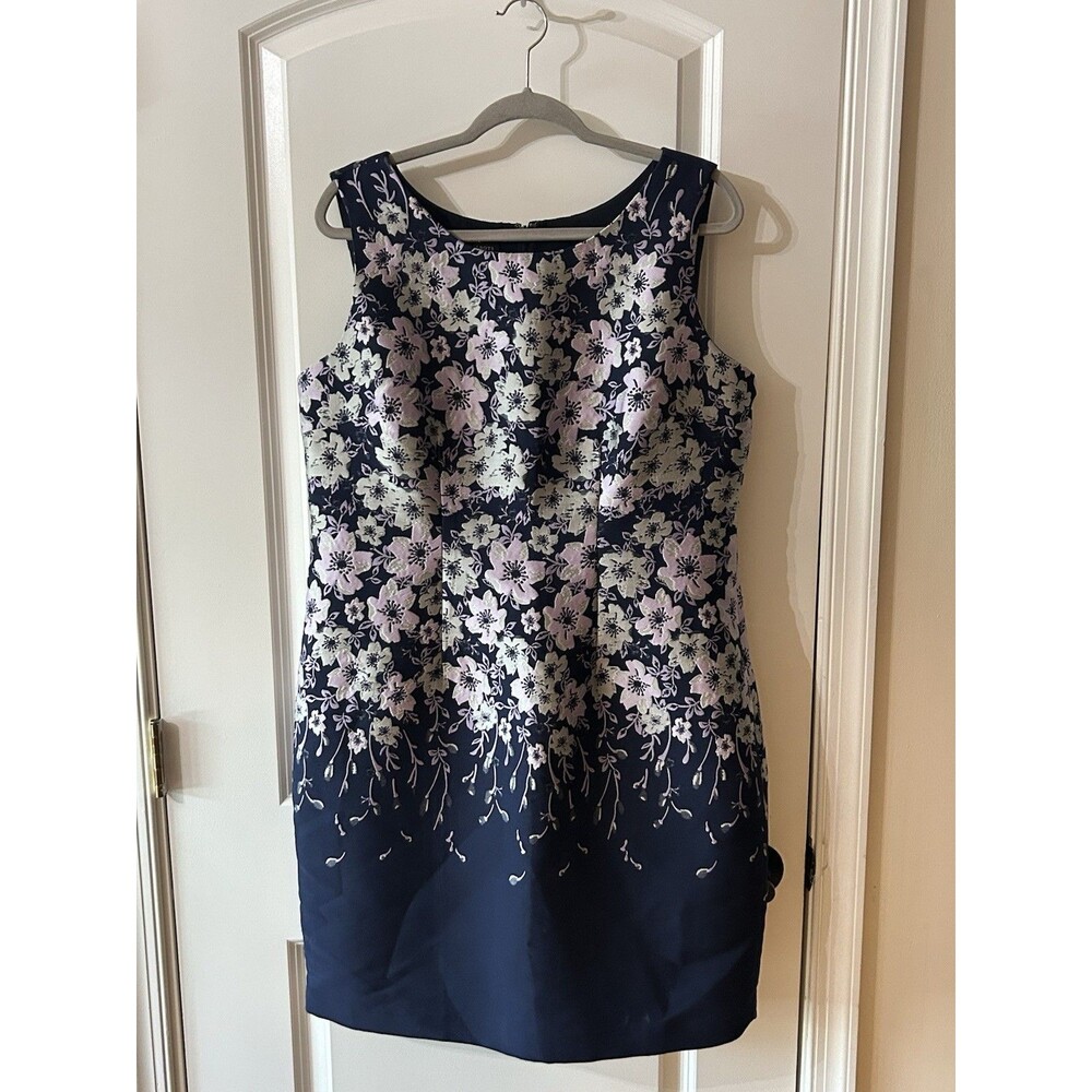Talbots Size 16P Sleeveless Navy /Lavender Floral Sheath Dress Back Zip Lined